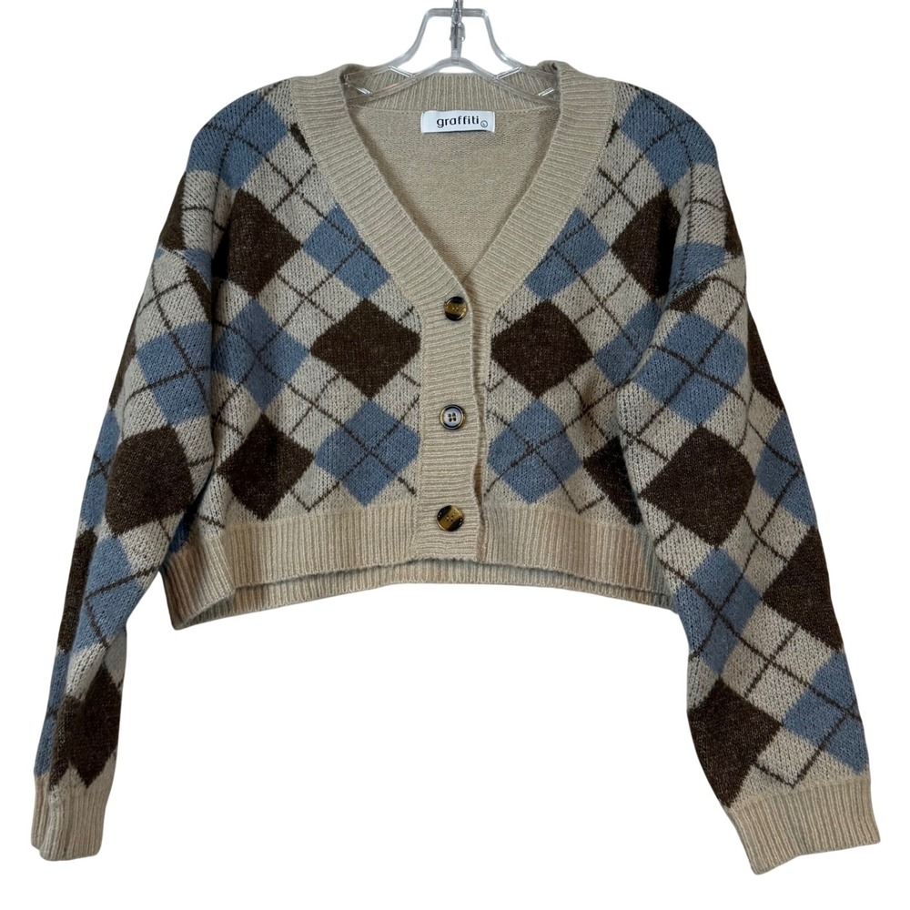 Argyle Cardigan Sweater Womens •L• Blue Brown Tan Cropped V-Neck Knit Y2K Retro